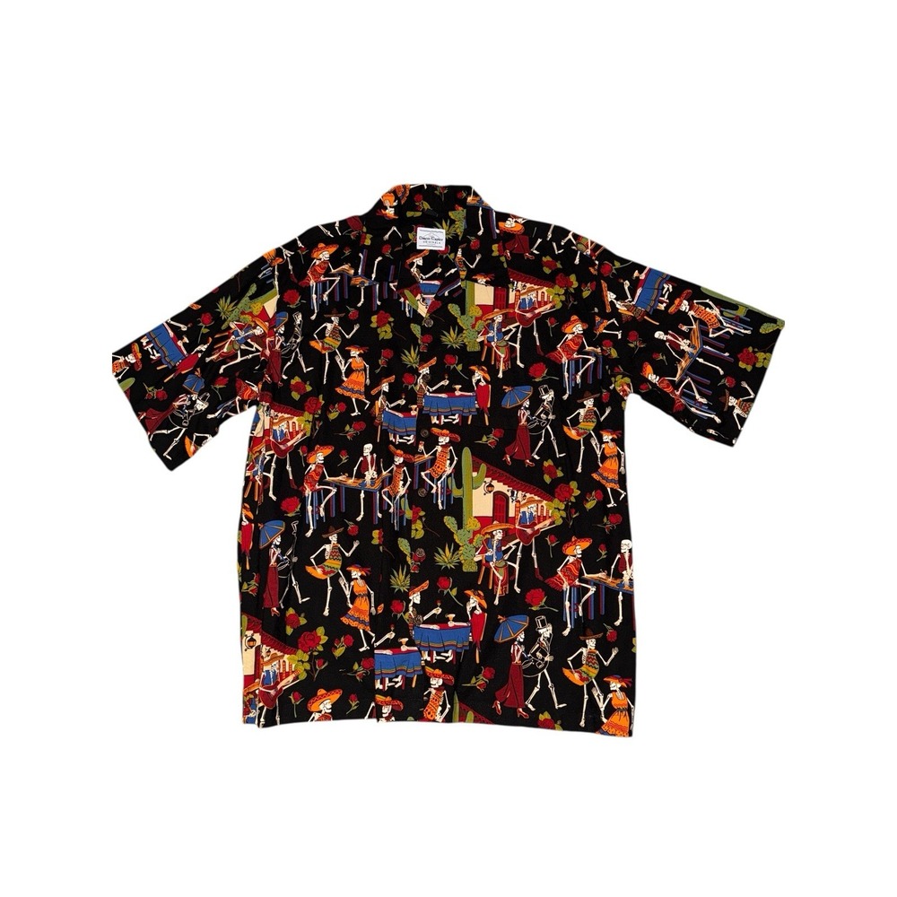 David Carey Camp Shirt Mens 2XL Black Day of‎ the Dead Skeleton Graphic